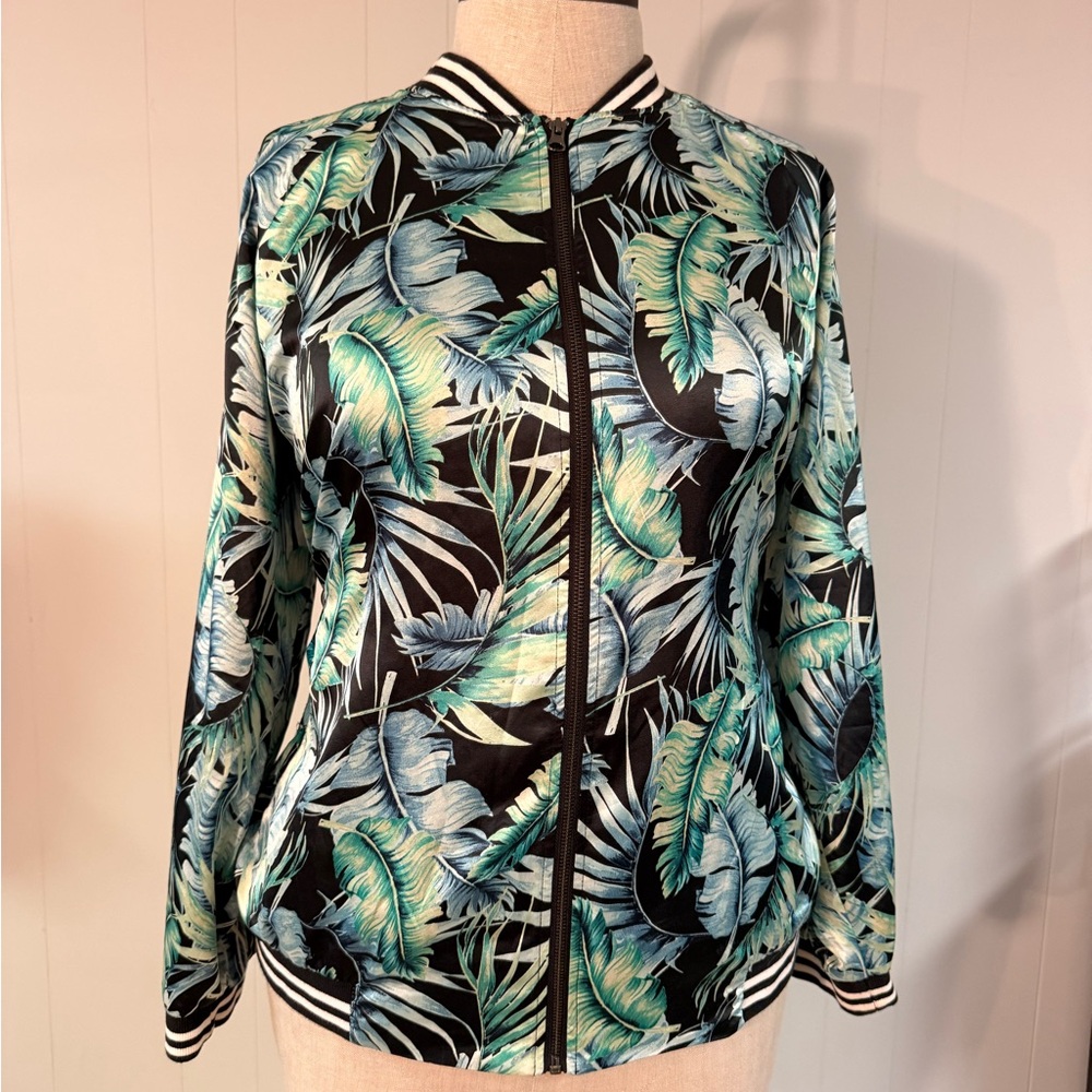 Ava & Viv Black and Green Leaf Bomber Jacket